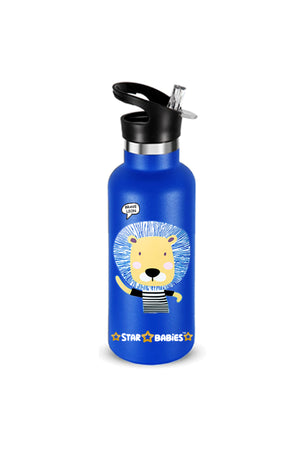 Star Babies Brave Lion Theme Anti Spil Stainless Steel 500ml Water Bottles, Vacuum Insulated Double Wall Travel Bottle with Leak-Proof hot and cold with a special Straw 3 to 6 Years- Blue