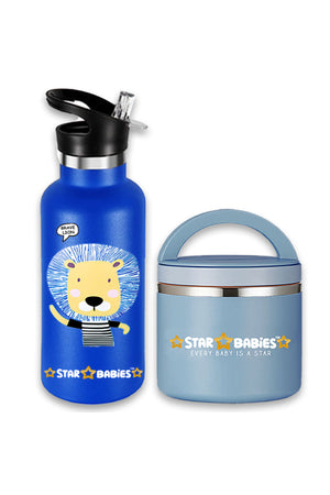 Star Babies Brave Lion Theme Anti Spil Stainless Steel 500ml Water Bottles, Vacuum Insulated Double Wall Travel Bottle with Leak-Proof hot and cold with a special Straw 3 to 6 Years- Blue with food jar Blue - 500ml