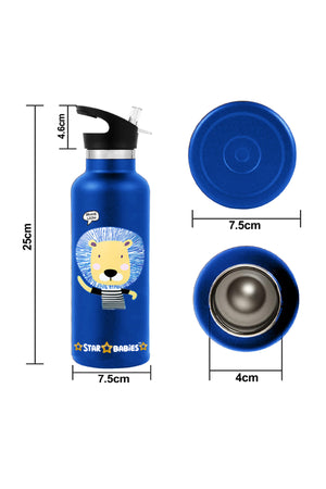 Star Babies Brave Lion Theme Anti Spil Stainless Steel 500ml Water Bottles, Vacuum Insulated Double Wall Travel Bottle with Leak-Proof hot and cold with a special Straw 3 to 6 Years- Blue with food jar Blue - 500ml