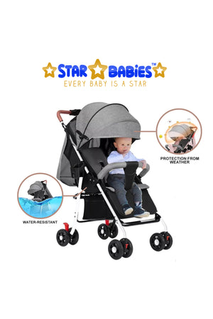 Star Babies - Lightweight Foldable Travel Stroller W/ Storage Basket & Detachable Bumper