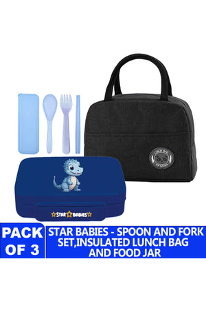 Star Babies Insulated Mini Lunch Bag with 5 Compartment Lunch Box and Fork-Spoon Set- Black