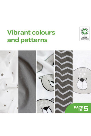 MOON Organic Baby Body Suit Set of 5 for Unisex and Boys for 6-9 Months -Grey