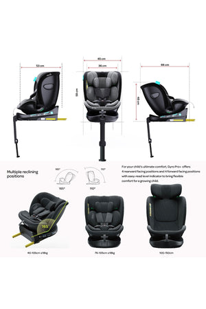 MOON Gyro Pro+ i-Size 360° Rotating Car Seat w/ leg Support and ISOFIX for 40-150cm (Group 0+-1-2-3) 0m to 12Yr- ECE R129/E4 – Grey