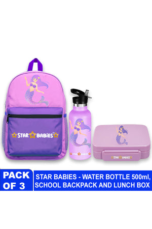 Star Babies 16-Inch Little Mermaid Themed Children's Backpack with Adjustable Shoulder Strap for Hiking Large with 500 ml Stainless Steel Water Bottle and Bento Lunch Box with 4 Compartments, Leak-Proof, Toddler-Friendly, 3 Years+, Pack of 3