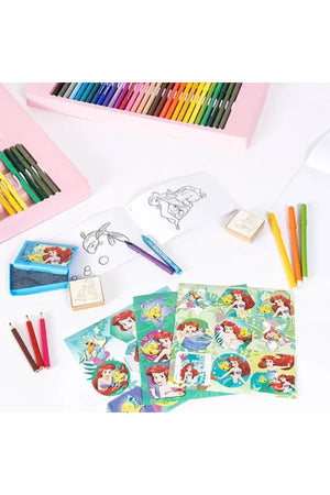 Disney Princess Ariel Mega Maxi Art & Stamp Set for Kids – 6 Wooden Rubber Stamps, Washable Ink Pad, 60 Washable Colour Markers, Crayons, Colouring Book, Notebook & Stickers