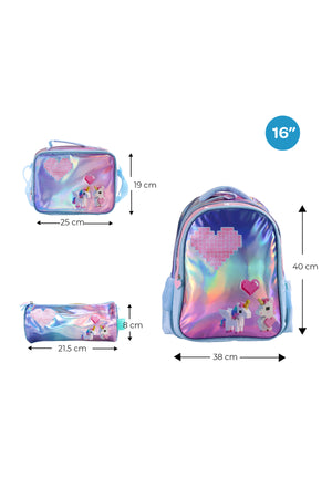 MOON Unicorn Backpack Set for Girls 3 in 1 – 16 Inch Premium Kids School Bag with Lunch Bag & Pencil Case-Pink &Blue