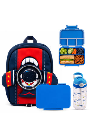 Cocobee Aeroplane-Style Astronaut Print Backpack for Boys + Water Bottle – BPA-Free 480ml + Tritan Bento Lunch Box – 4 Compartments