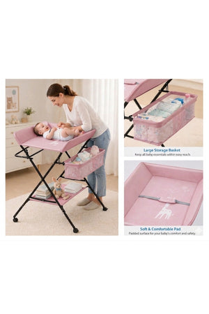 Portable للأطفال Changing Table مع Storage Organizer & Wheels – وردي من الخلف | Portable Baby Changing Table with Storage Organizer & Wheels – Pink back view