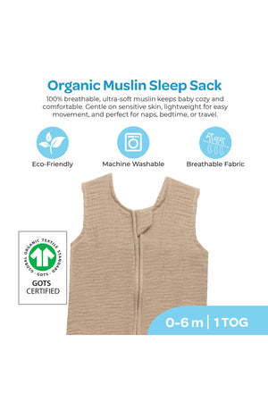 MOON Organic Crinkle Muslin Sleep sack 1 Tog (0-6 Months )-Brown