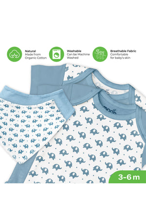 MOON Organic Baby Gift Set of 7 - Rompers-Swaddle-Bibs-Hat-Mitten set– for 3 - 6 Months - Blue