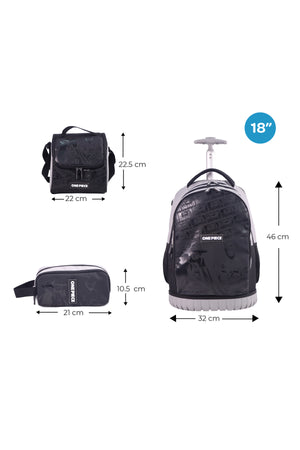 MOON Licensed One Piece 3 in 1 Kids Trolley Set - (18-Inch) Premium Kids School Bag with Lunch Bag & Pencil Case-Black& Grey