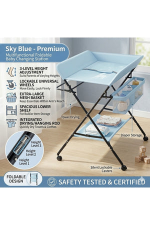 Portable Baby Changing Table with Storage Organizer & Wheels – Light Blue