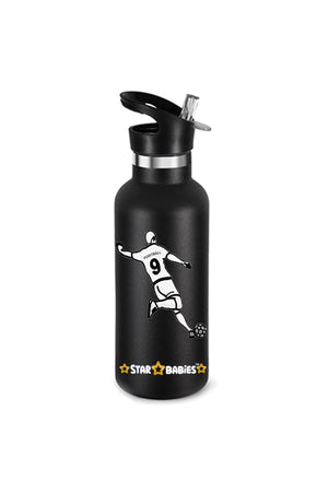 Star Babies Football Theme Anti Spil Stainless Steel 500ml Water Bottles, Vacuum Insulated Double Wall Travel Bottle with Leak-Proof hot and cold with a special Straw 3 to 6 Years- Black