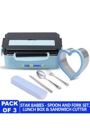 Star Babies - Stainless Steel Lunch Box & Cutlery Set with Sandwich Cutter Combo- set of 3.