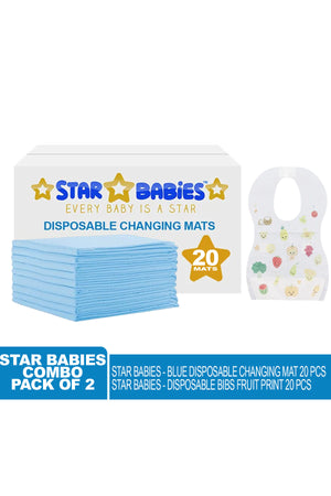 Star Babies - Combo Pack Of 2- Disposable Changing Mat Pack Of 20 With Disposable Bibs (20 Pcs) - Blue
