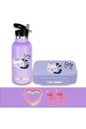 Star Babies Anti spill Cute Cat themed Stainless Steel 500ml Water Bottles, Vacuum Insulated Double Wall Travel Bottle with Leak-Proof hot and cold with 5 compartment Lunch box along with 2 fruit picks and Sandwich Cutter for free