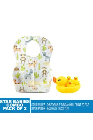 Star Babies - Combo Pack Of 2- Disposable Bibs Animal Print (20 Pcs) With Rubber Duck
