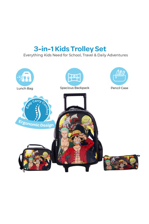 MOON Licensed One Piece 3 in 1 Kids Trolley Set - (16-Inch) Premium Kids School Bag with Lunch Bag & Pencil Case- Black