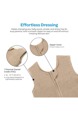 MOON Organic Crinkle Muslin Sleep sack 1 Tog (6-12 Months )-Brown