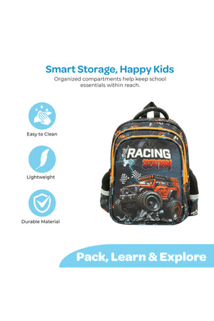 MOON 3 in 1 Kids Backpack Set - (16-Inch) Premium Kids School Bag with Lunch Bag & Pencil Case-Racing Car
