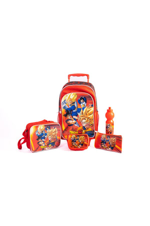 Dragon Ball 5-Piece School Set With 18-Inch Trolley Bag, Lunch Bag, Pencil Case, Water Bottle, And Lunch Box-Red