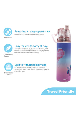 MOON Kids Water Bottle with Spray Mist | Cooling Spray | BPA-Free Stainless Steel | Leak-Proof for School, Camping, Hiking, Outdoor Play | Boys Water Bottle |500ml