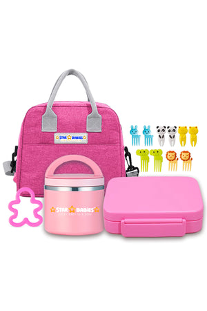 Star Babies 5-Piece Kids Lunch Set – Insulated Lunch Bag, Bento Lunch Box, Thermal Food Jar with Free Sandwich Cutter & Fruit Picks .