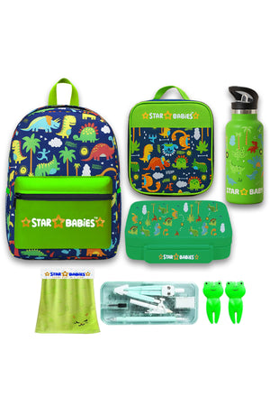 Star Babies Set of 4 – Jungle Green Theme 16" School Bag, 4-Compartment Lunch Box, Insulated Lunch Bag, 500ml Water Bottle