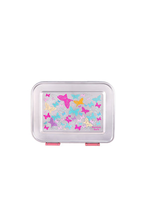Bamboo Bark Stainless Steel Bento Lunch Box with Lid, 1030ml Leakproof Metal Stackable Snack Box, and 3 Multi-Compartment Divided Meal Prep Food Storage Containers for School, Travel and Work – (Butterfly Print)