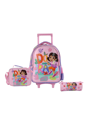 MOON Licensed Dora the Explorer 3 in 1 Kids Trolley Set - (16-Inch) Premium Kids School Bag with Lunch Bag & Pencil Case-Pink