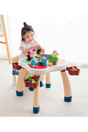 Kikibebe Plum Blossom Shape Building Block Table With Chair – 100 Pieces Building Blocks – Deep Lake Green