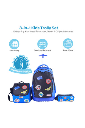 MOON Licensed SONIC the Hedgehog 3-in-1 Kids Trolley Backpack Set - (18-Inch) Premium Kids School Bag with Lunch Bag & Pencil Case-Black&Blue