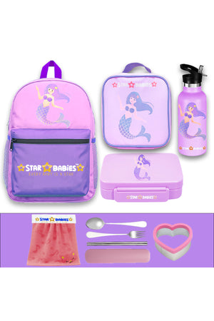 Star Babies Set of 4 – 16" School Bag, 5 compartment Lunch Box, Insulated Lunch Bag, 500ml Water Bottle including items for free- Face towel, Fork-Spoon Set, a sandwich cutter