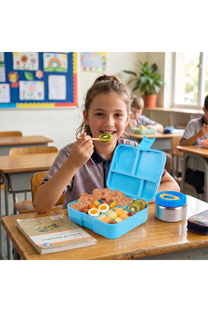 Cocobee Dino Bento Lunch Box With Food Jar, 4 Compartments, Leakproof & Odour-Free, Bpa-Free, 1.67L, Microwave Safe – Blue (3 Years+)