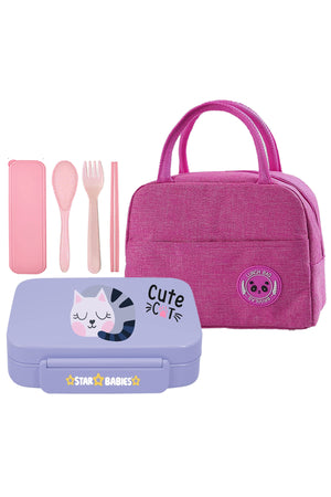 Star Babies Insulated Mini Lunch Bag with 5 Compartment Lunch Box and Fork-Spoon Set- Lavender