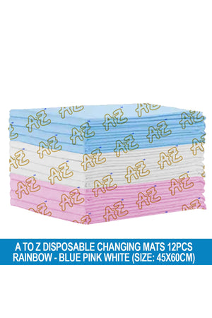 A to Z - Disposable Changing Mat size (45cm x 60cm) Large- Premium Quality for Baby Soft Ultra Absorbent Waterproof - Pack of 12 - Blue/Pink/White-Rainbow