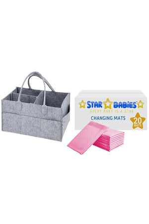 Star Babies Caddy diaper bag Grey with Disposble Changing mat 20pcs-Pink