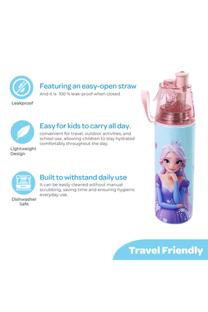 MOON Elisa Frozen Theme Water Bottle with Spray Mist | Cooling Spray | BPA-Free Stainless Steel | Leak-Proof for School, Camping, Hiking, Outdoor Play | Boys Water Bottle |500ml
