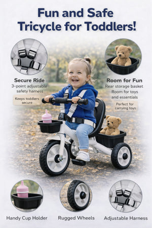 StarMarz Toddler 3-Wheel Tricycle Ride-On Toy with Safety Seat, Cup Holder & Rear Storage Basket - White