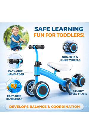 StarMarz Baby Balance Bike – 4-Wheel Toddler Training Bike for Indoor/Outdoor Riding, Soft Seat & No-Pedal Design for Safe Learning – Lightweight Kids First Bike (1–3 Years) – Blue
