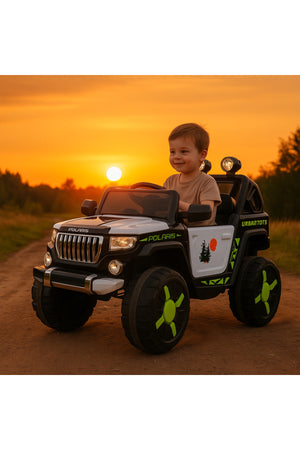 Urban Tots-Jeep Pollris Battery Operated Jeep For Kids With Wireless Remote Control - 12V8Ah Battery, 15000 Rpm Tyre Motor, 7000 Rpm Steering Motor-Green and Black