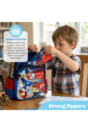 MOON Licensed SONIC THE HEDGEHOG 3 in 1 kids Backpack Set -- (16-Inch) Premium Kids School Bag with Lunch Bag & Pencil Case- Red&Blue