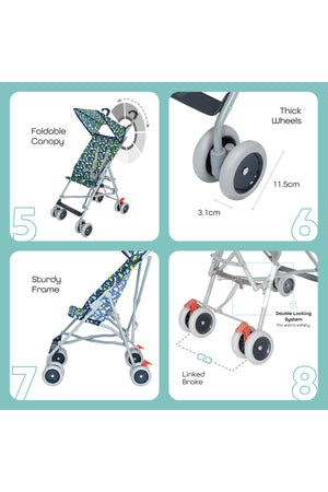 مون - Jet Ultra Light Weight Fold Buggy عربة أطفال Buggy - Printed Dino لقطة قريبة | MOON - Jet Ultra Light Weight Fold Buggy Stroller Buggy - Printed Dino close-up view