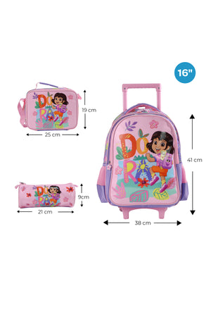 MOON Licensed Dora the Explorer 3 in 1 Kids Trolley Set - (16-Inch) Premium Kids School Bag with Lunch Bag & Pencil Case-Pink