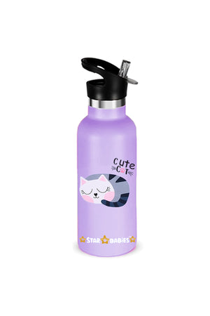 Star Babies Cute Cat Theme Anti Spil Stainless Steel 500ml Water Bottles, Vacuum Insulated Double Wall Travel Bottle with Leak-Proof hot and cold with a special Straw 3 to 6 Years- Purple