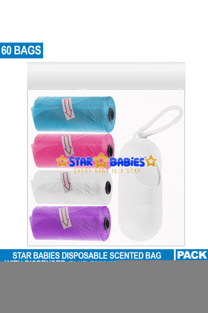 Star Babies - Scented Nappy Bag 4 Packs/60 Bags & Dispenser - Blue/Pink/White/Lavender