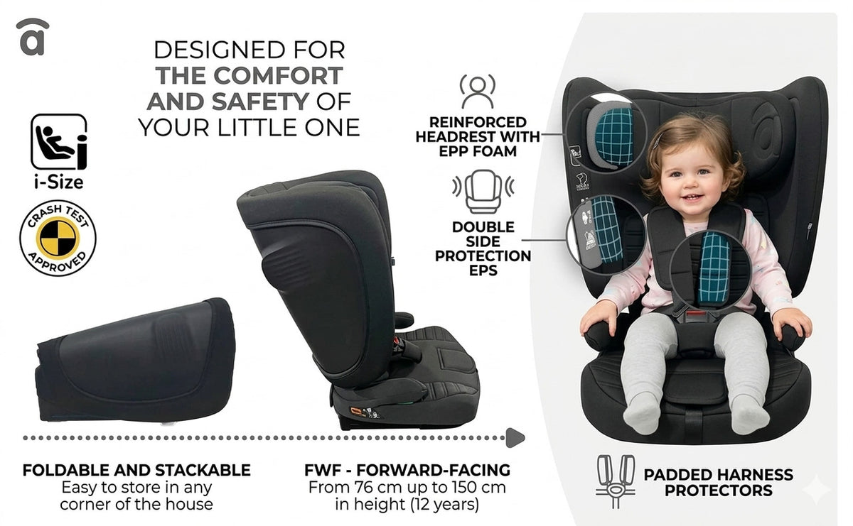 Asalvo Neocare i-Size Convertible Car Seat ECE R129 - Black (0-12 years) Multi-Stage Protection