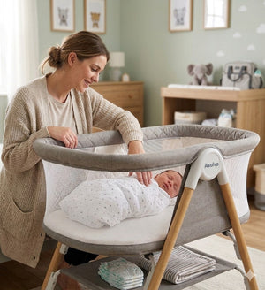 Asalvo Nidus 2 Mini Crib for Newborn, Compact Baby Crib with Storage, 0- 6 Months, Beige