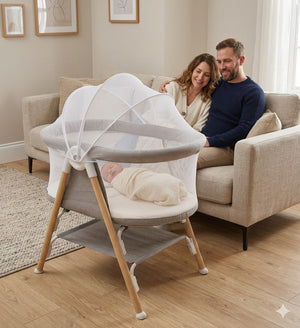 Asalvo Nidus 2 Mini Crib for Newborn, Compact Baby Crib with Storage, 0- 6 Months, Beige