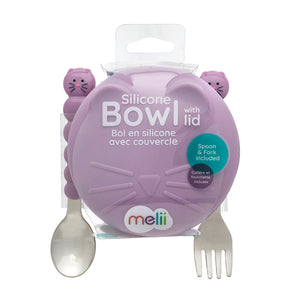 Melii Silicone Bowl With Lid & Utensils - Purple Cat